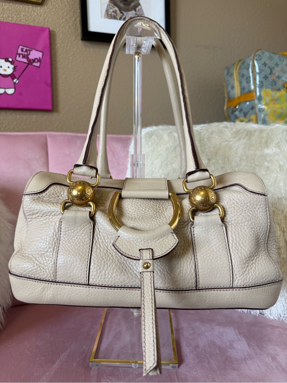 💯Auth Vintage DOLCE & GABBANA Cream Leather Satchel Handbag w Gold Hardware